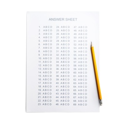 Photo of Answer sheet with pencil on white background, top view