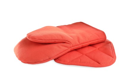 Photo of Oven glove and potholder for hot dishes on white background