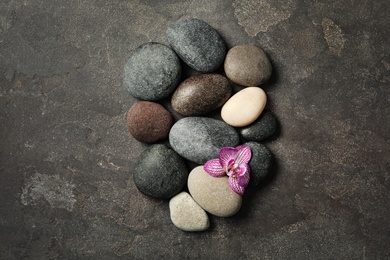 Spa stones and orchid flower on grey table, flat lay