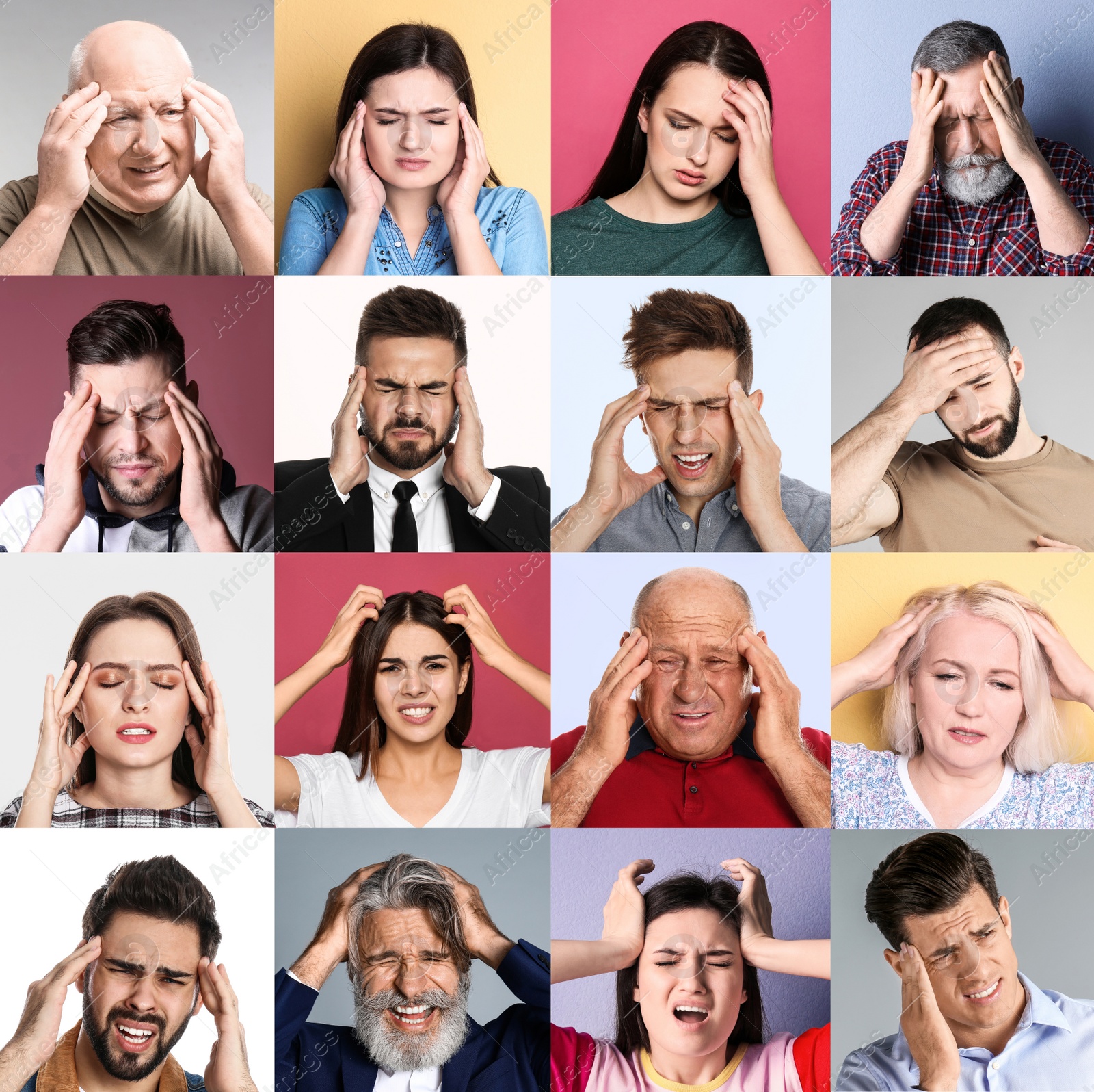 Image of Collage with stressed people on different color backgrounds