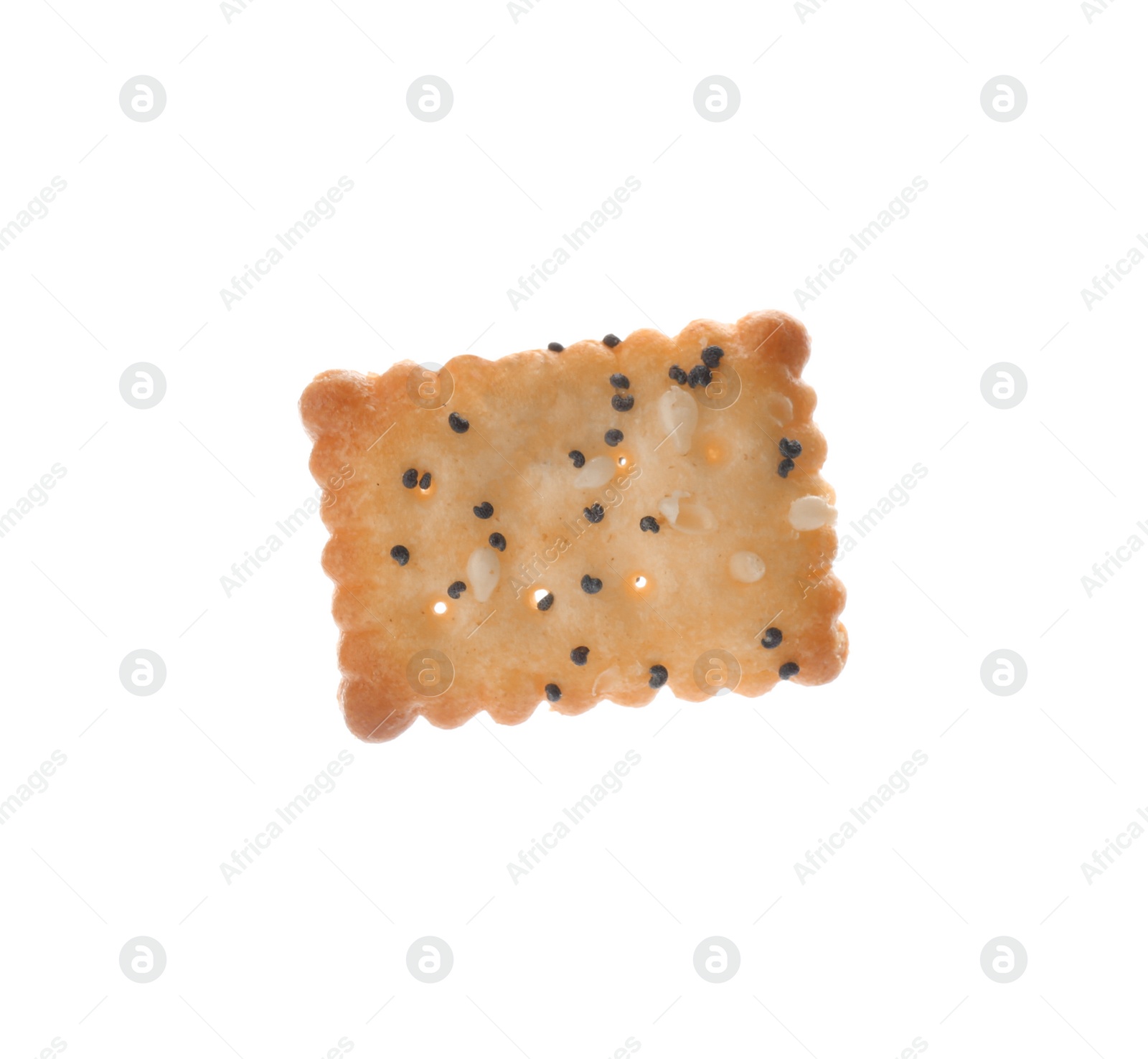 Photo of Delicious crispy cracker with poppy and sesame seeds isolated on white