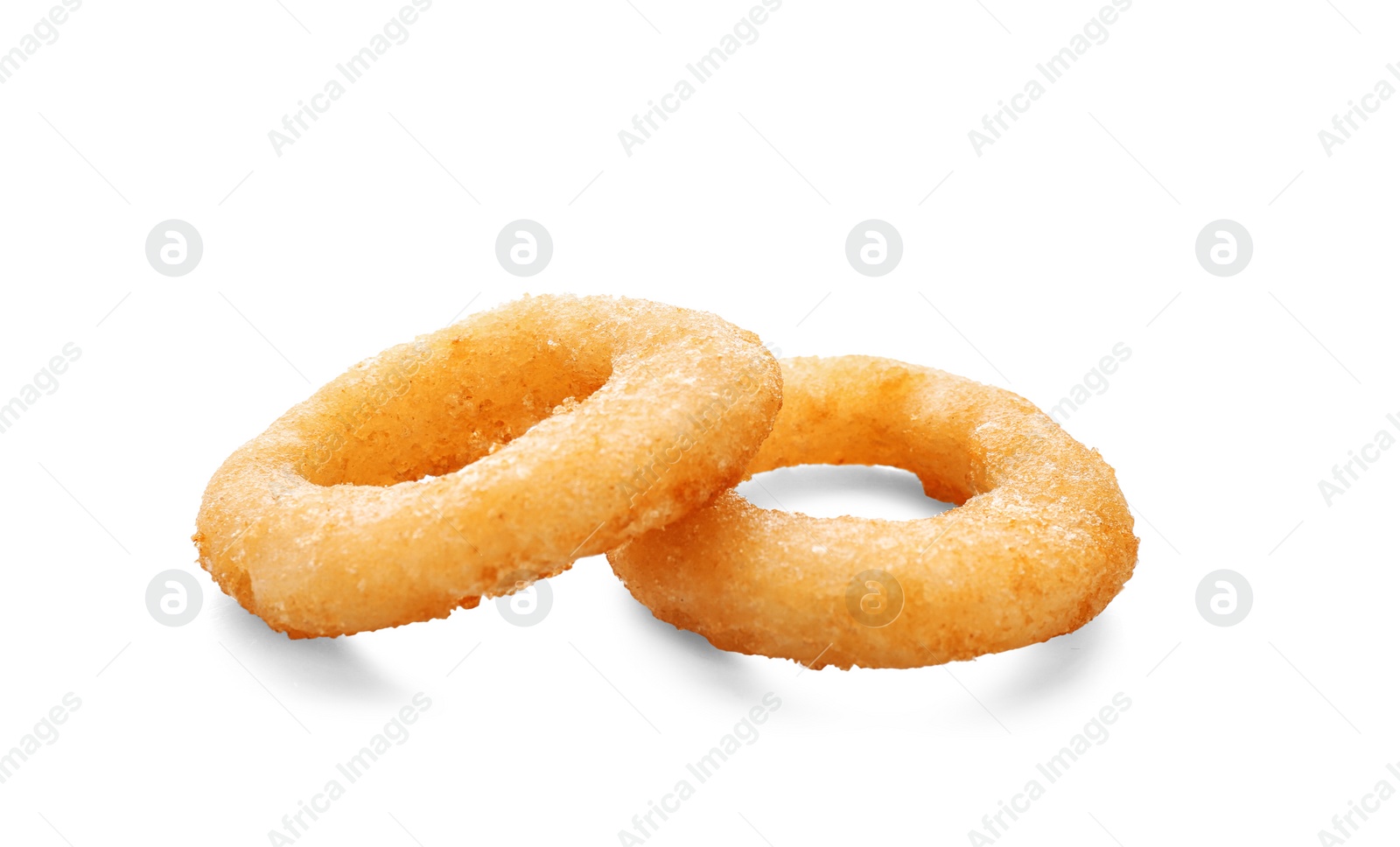 Photo of Freshly cooked onion rings on white background