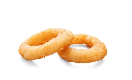 Freshly cooked onion rings on white background