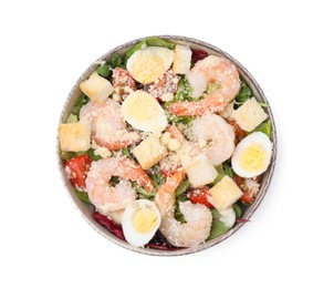 Delicious Caesar salad with shrimps isolated on white, top view