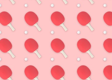 Table tennis paddles and balls on pink background, flat lay