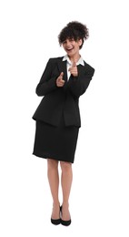 Photo of Beautiful emotional businesswoman pointing at something in suit on white background