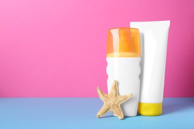 Suntan products and starfish on color background. Space for text
