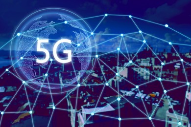 5G network wireless system. Beautiful cityscape and network connection lines 