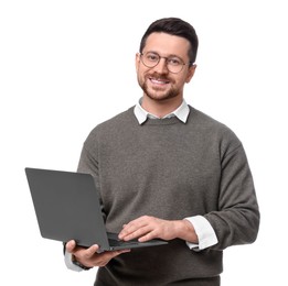 Photo of Handsome bearded businessman with laptop on white background
