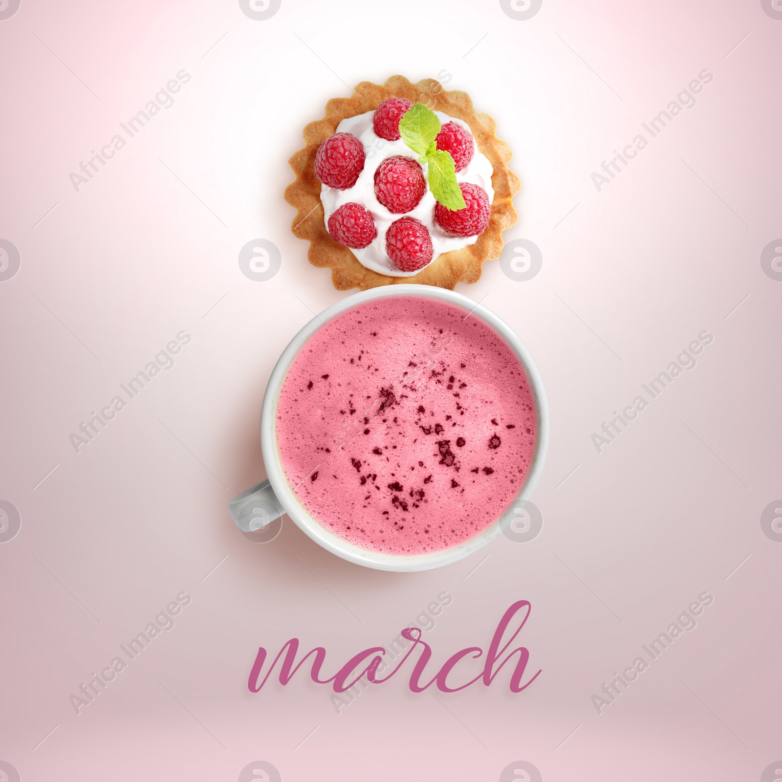 Image of 8 March - Happy International Women's Day. Card design with shape of number eight made of dessert and cappuccino on pink background, top view