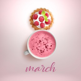 Image of 8 March - Happy International Women's Day. Card design with shape of number eight made of dessert and cappuccino on pink background, top view