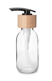 Photo of New empty glass bottle with dispenser cap isolated on white