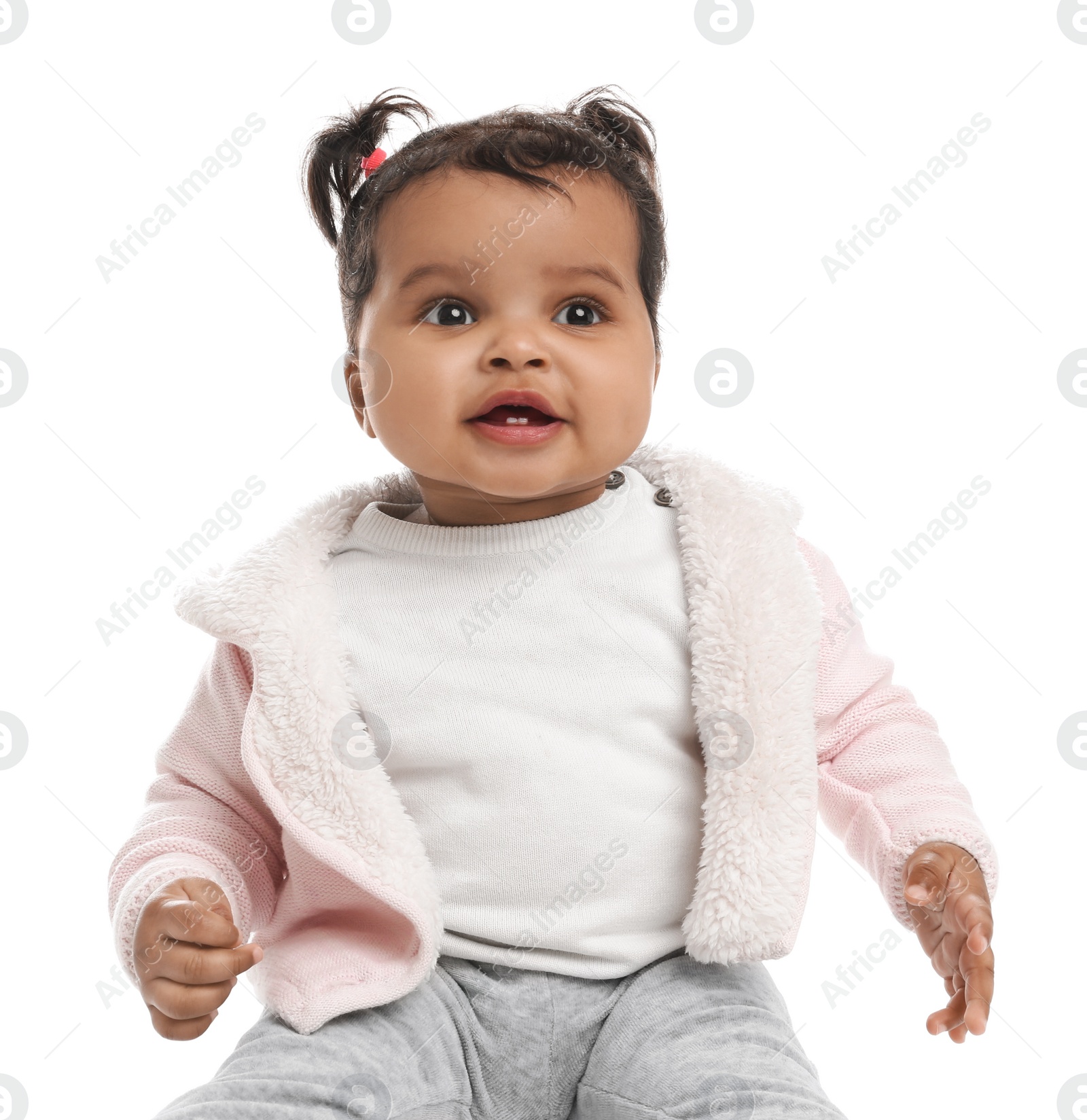 Photo of Cute African American baby on white background