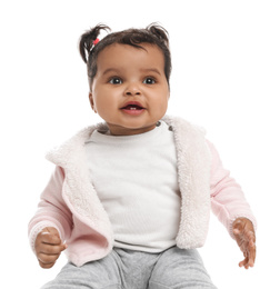 Photo of Cute African American baby on white background