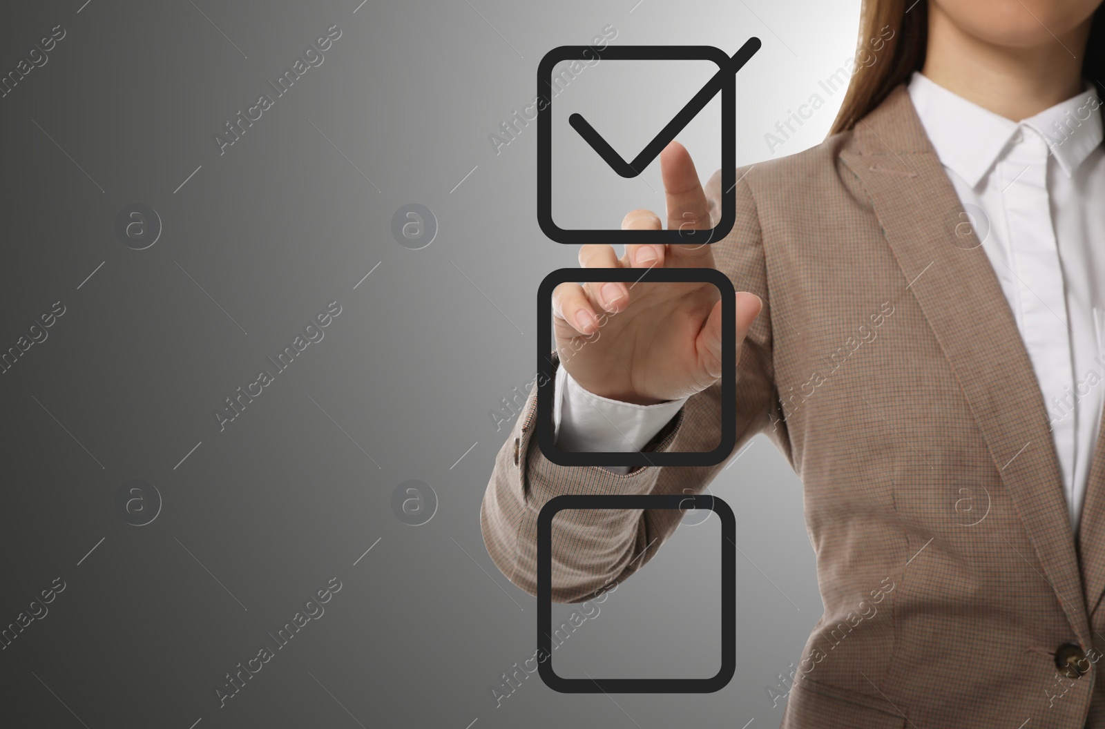 Image of Woman pointing at check mark in box on virtual screen, closeup. Space for text