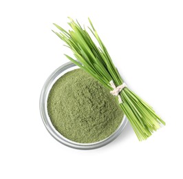 Photo of Wheat grass powder in glass bowl and fresh sprouts isolated on white, top view