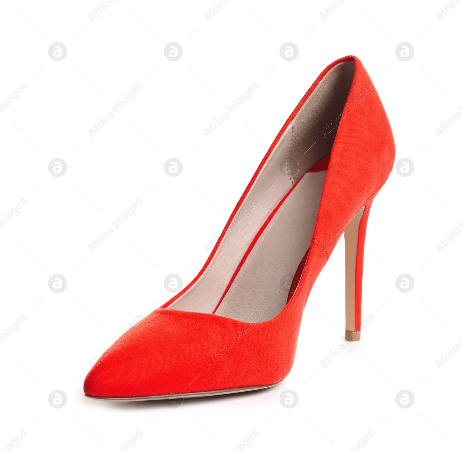 Photo of Stylish high heel shoe on white background