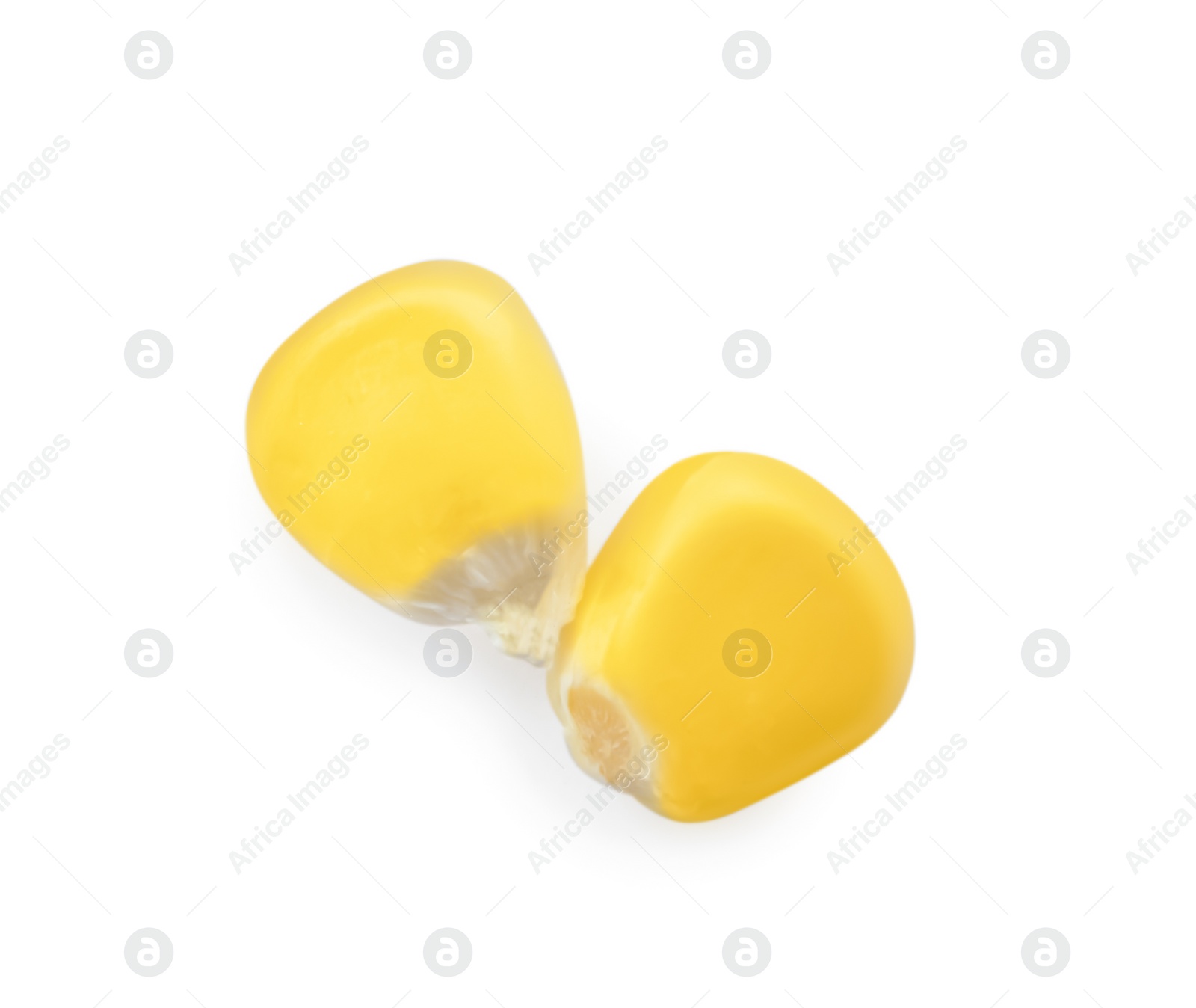 Photo of Tasty fresh corn kernels on white background, top view