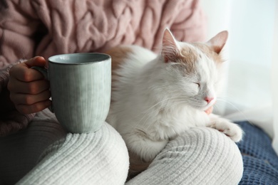 Woman with cute fluffy cat and cup on light background, closeup