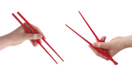 Image of Woman holding chopsticks isolated on white, closeup. Collage with photos