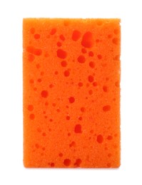 Photo of Orange washing sponge isolated on white. Cleaning supplies