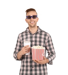 Photo of Man with 3D glasses, beverage and popcorn during cinema show on white background