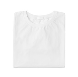 Stylish T-shirt isolated on white, top view