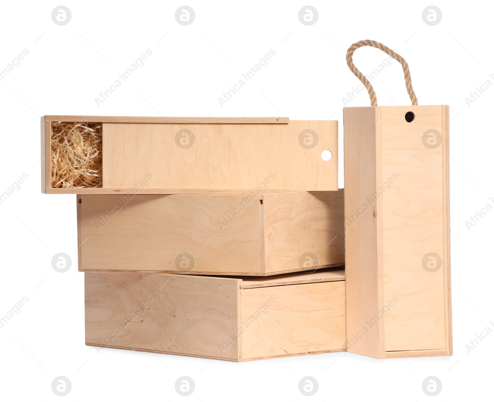 Photo of Wooden gift boxes for wine isolated on white