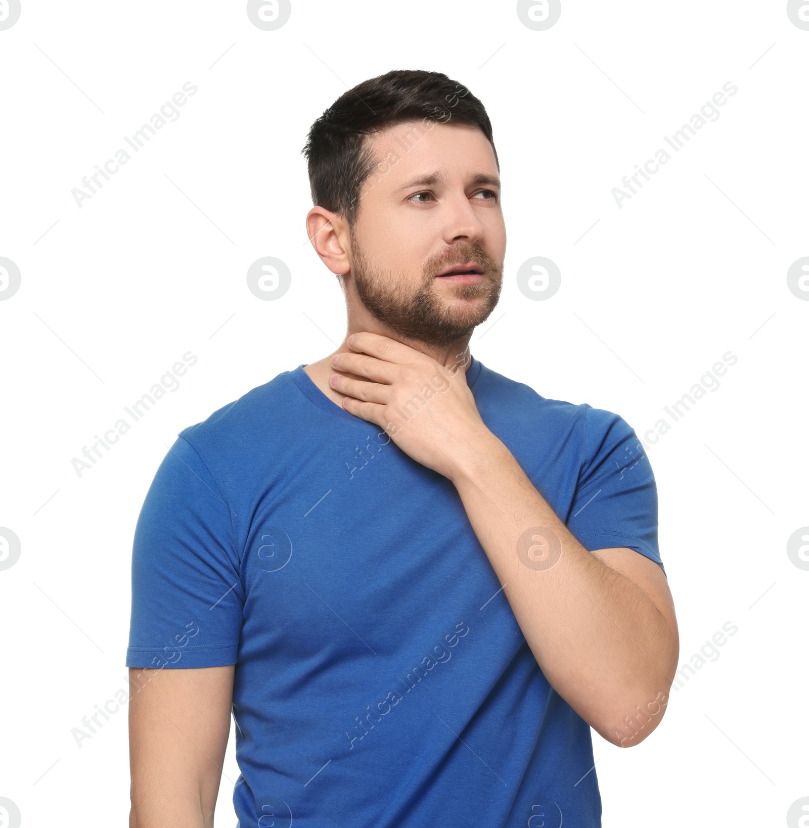 Photo of Man suffering from sore throat on white background