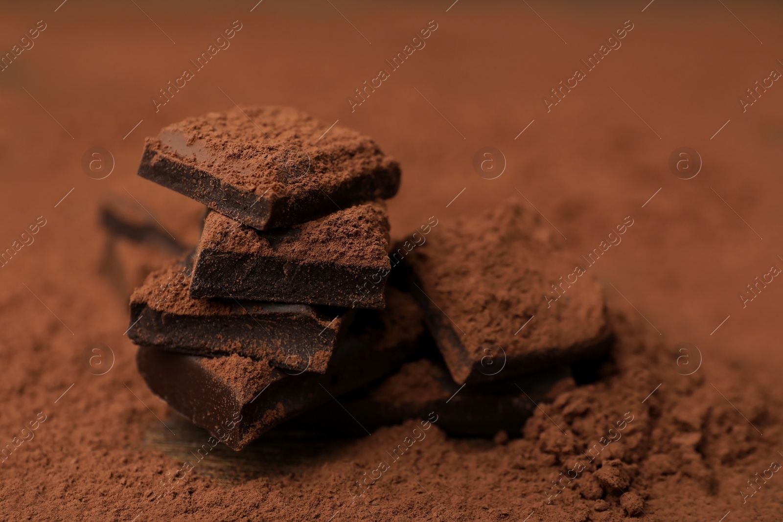 Photo of Pieces of tasty chocolate and cocoa powder on wooden table, closeup