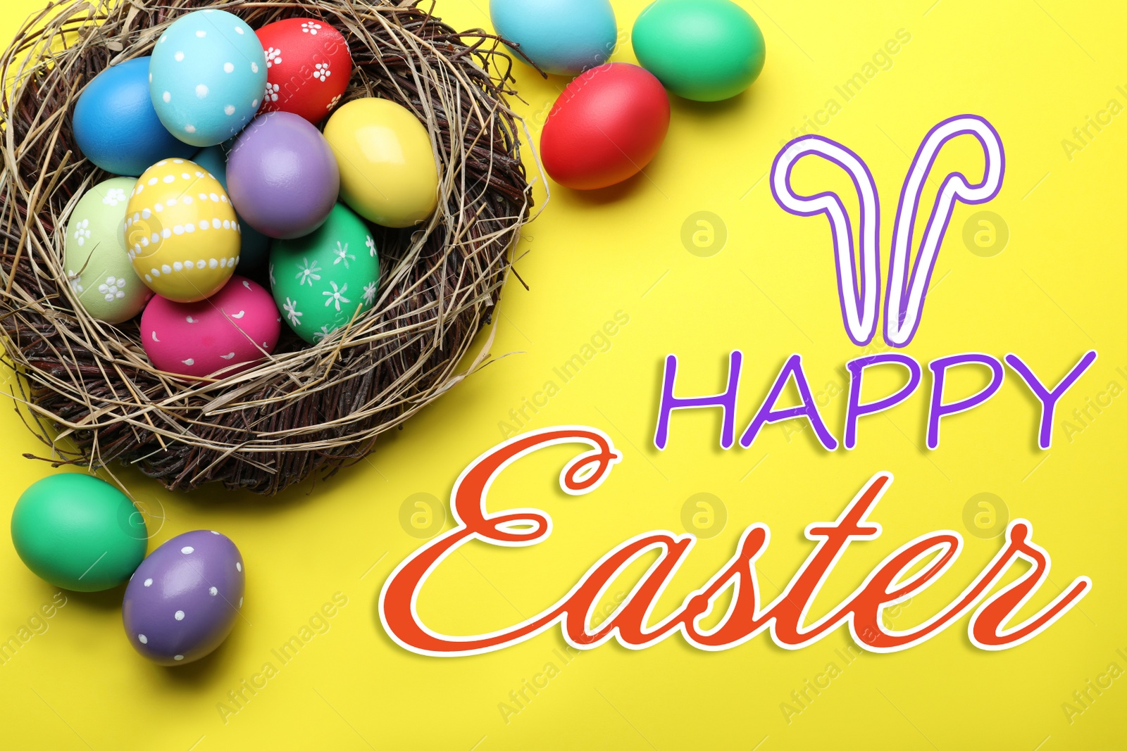 Image of Happy Easter. Bright painted eggs in nest on yellow background, flat lay 