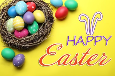 Image of Happy Easter. Bright painted eggs in nest on yellow background, flat lay 