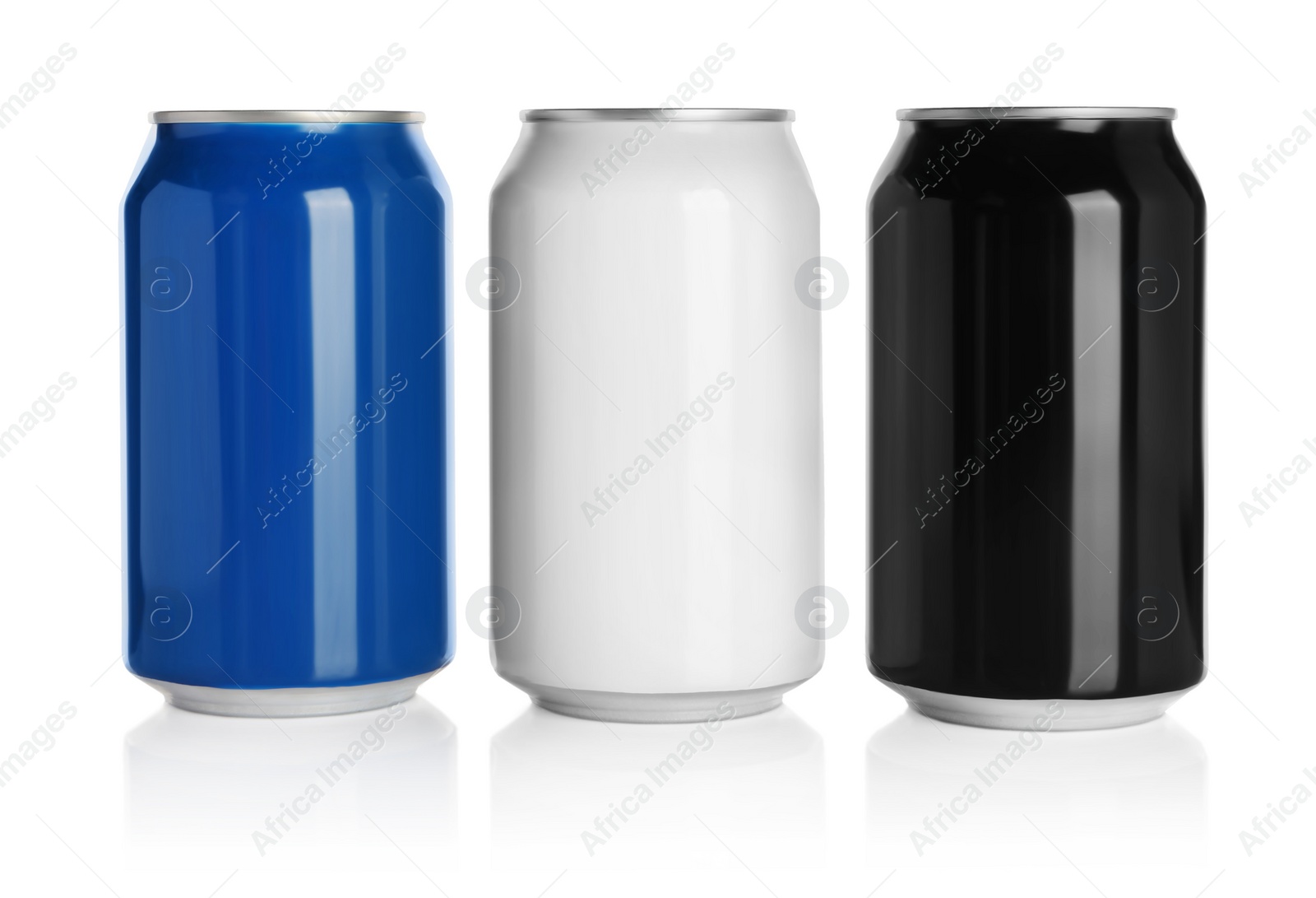 Photo of Aluminum cans with drinks on white background