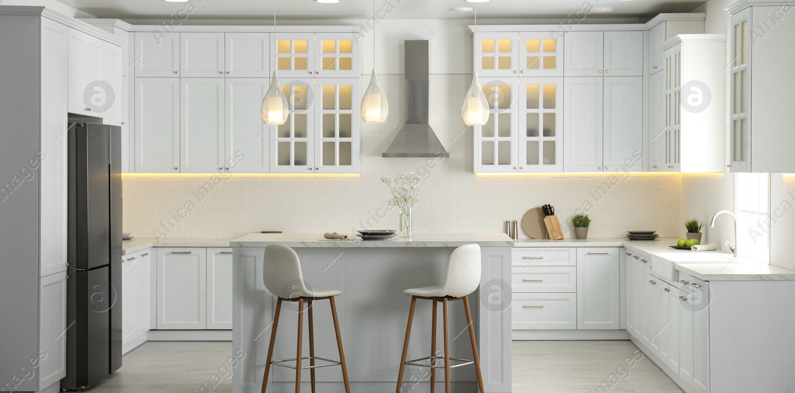 Image of Beautiful kitchen interior with new stylish furniture. Banner design