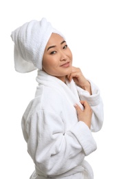 Portrait of beautiful Asian woman in bathrobe isolated on white. Spa treatment