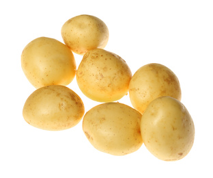 Photo of Fresh raw organic potatoes on white background, top view