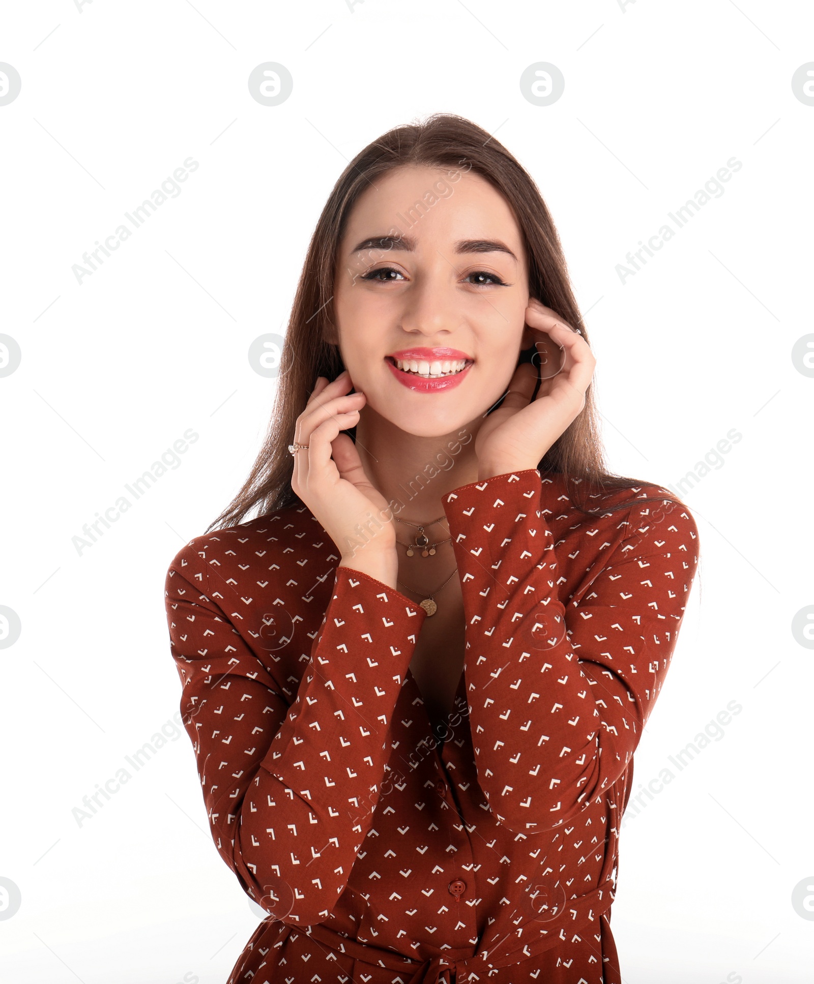 Photo of Portrait of beautiful young woman in stylish dress on white background