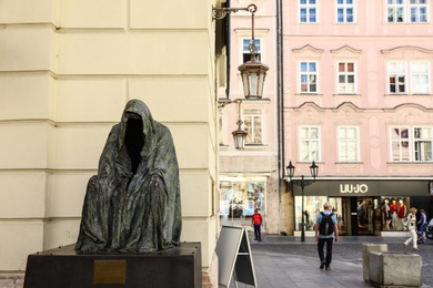 PRAGUE, CZECH REPUBLIC - APRIL 25, 2019: Monument to Anna Chromy "il commendatore" in Old Town Square