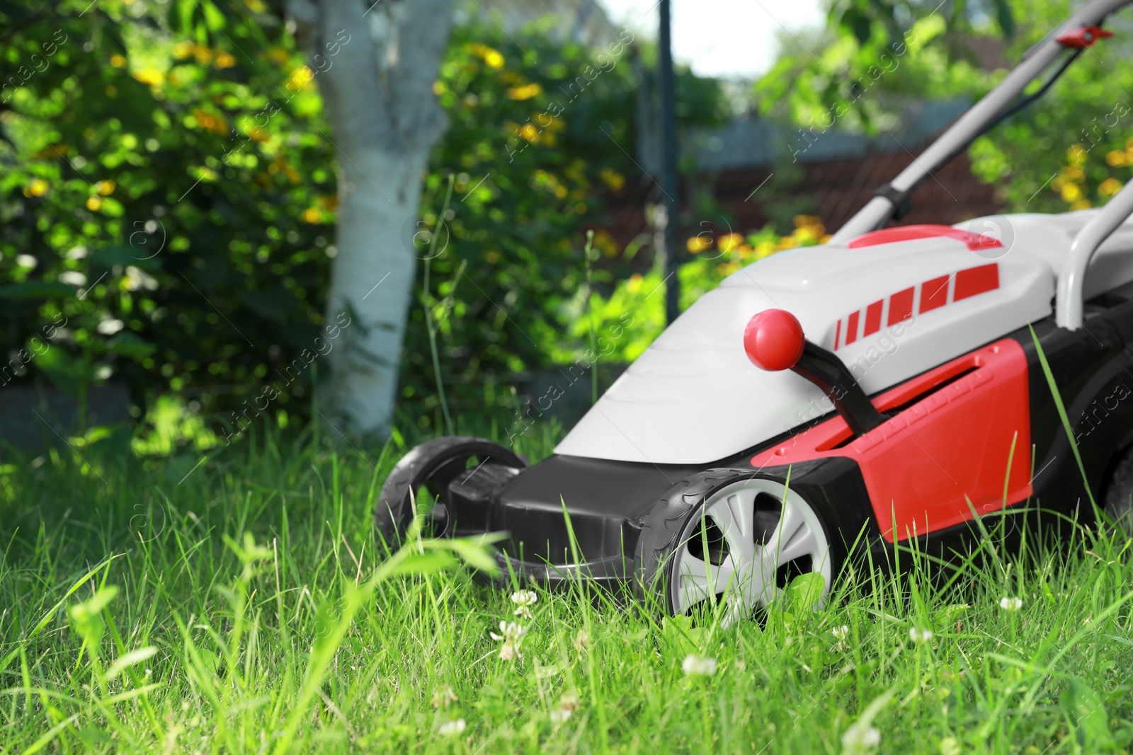 Photo of Lawn mower on green grass in garden, space for text