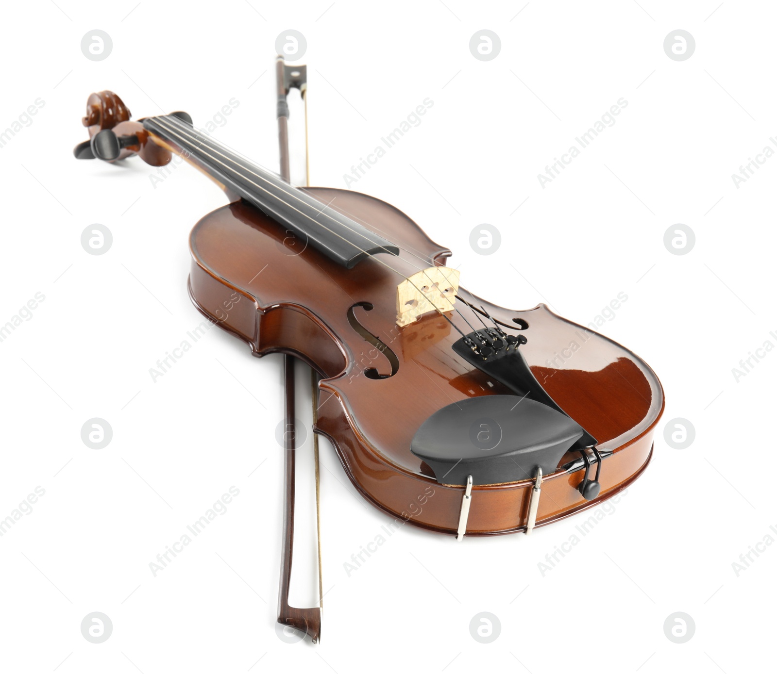 Photo of Beautiful classic violin and bow on white background. Musical instrument