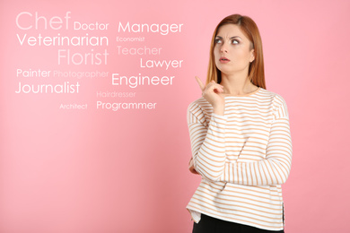 Image of Thoughtful woman choosing profession on pink background