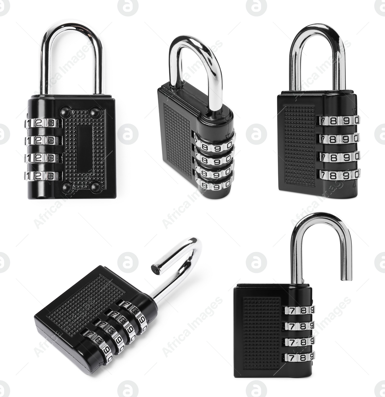 Image of Steel combination padlock isolated on white, different sides. Set