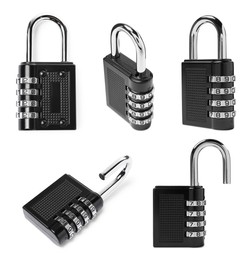 Steel combination padlock isolated on white, different sides. Set