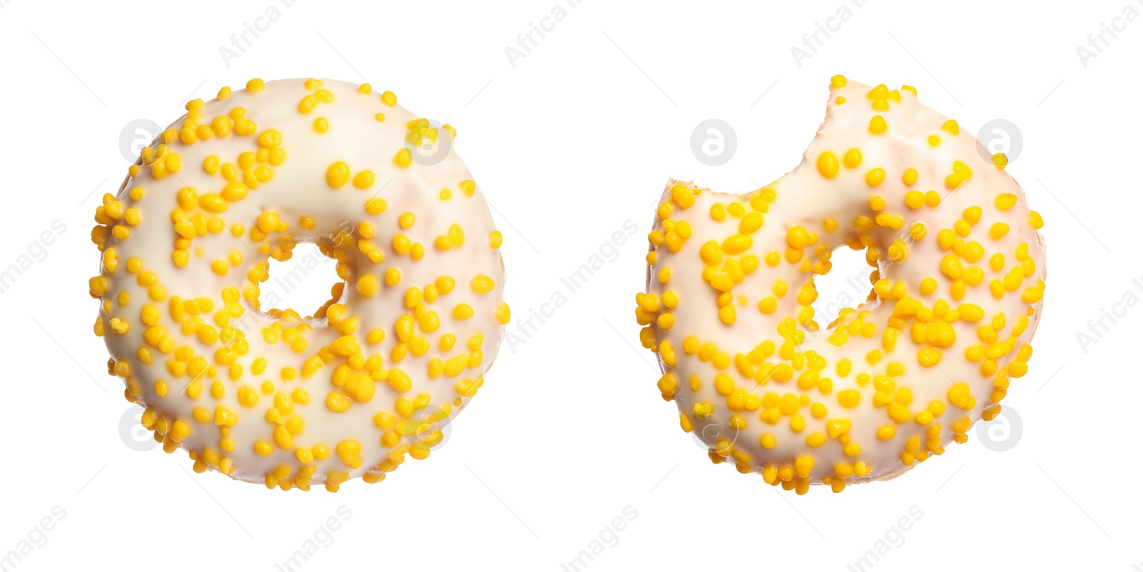 Image of Whole and bitten tasty donuts with sprinkles isolated on white