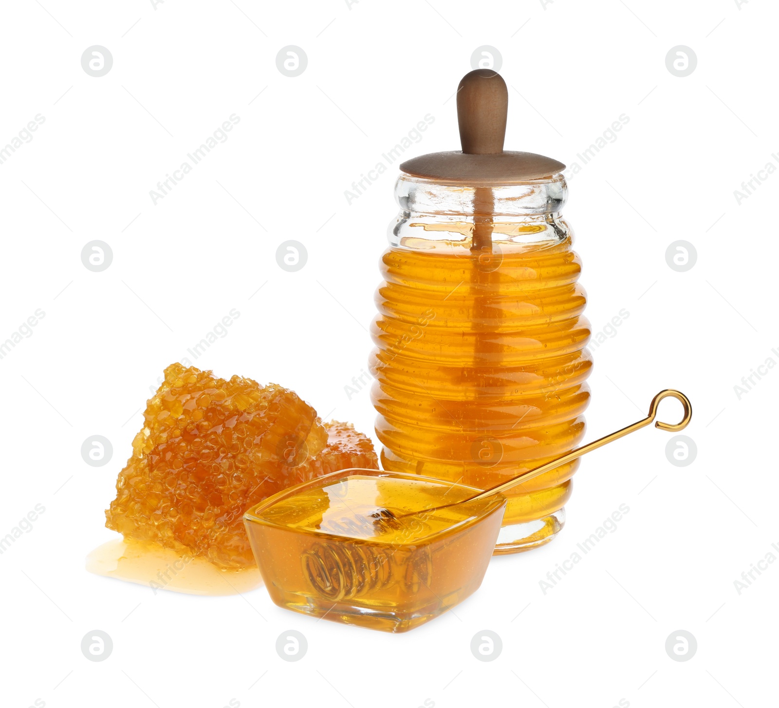 Photo of Composition with fresh honey on white background