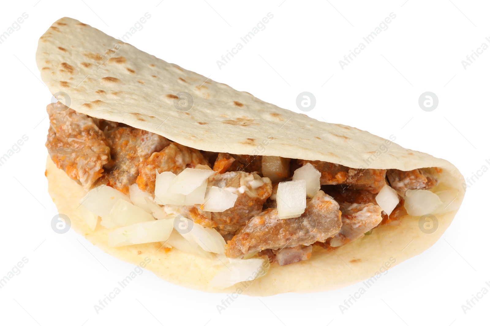 Photo of Delicious taco with meat and onion isolated on white