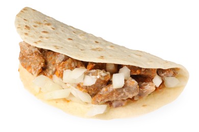 Delicious taco with meat and onion isolated on white