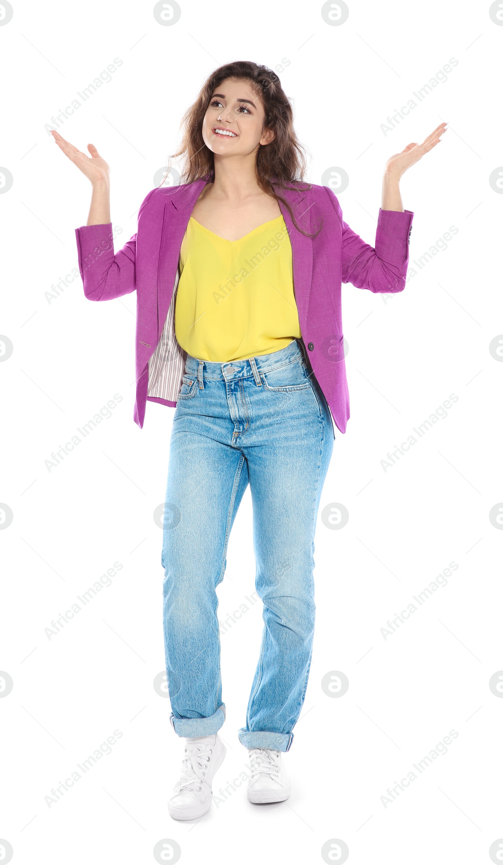 Photo of Beautiful young woman in stylish clothes on white background