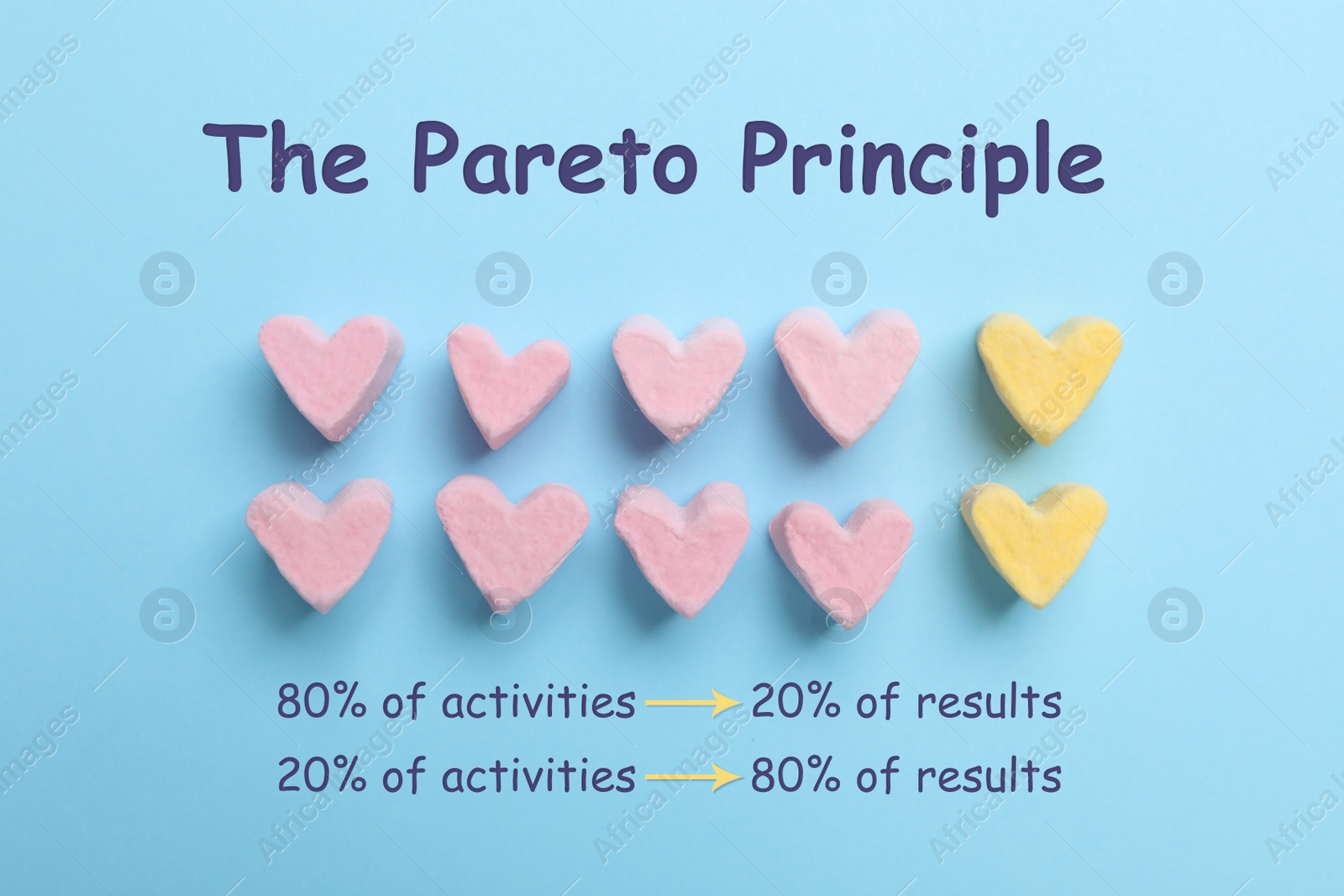 Image of Flat lay composition with marshmallow hearts on light blue background. Pareto principle concept