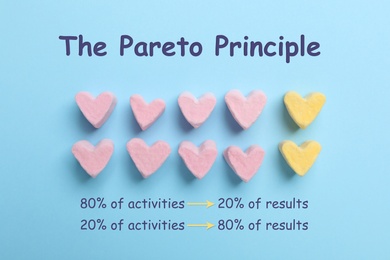 Image of Flat lay composition with marshmallow hearts on light blue background. Pareto principle concept
